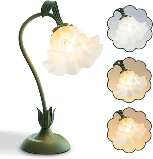 Flower Table Lamp, LED Reading Light Bedside Vintage Night Light (Green) | 3 Colors Modes Kawaii Flower Lamps Decor,Living Room Bedroom Lighting Table Lamps Home Decoration