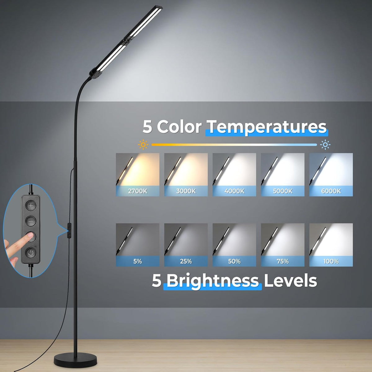LED Floor Lamp with 4 Light Bars, 24W/3000LM Ultra Bright Wide Reading Lamp