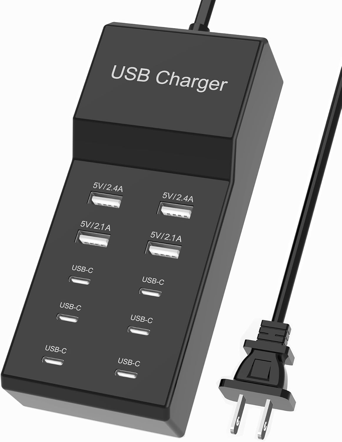 USB Charger USBA Wall Charger with Rapid Charging Auto Detect Technology Safety Guaranteed 10-Port Family-Sized Smart USB-A Ports for Multiple Devices Smart Phone Tablet Laptop Computer