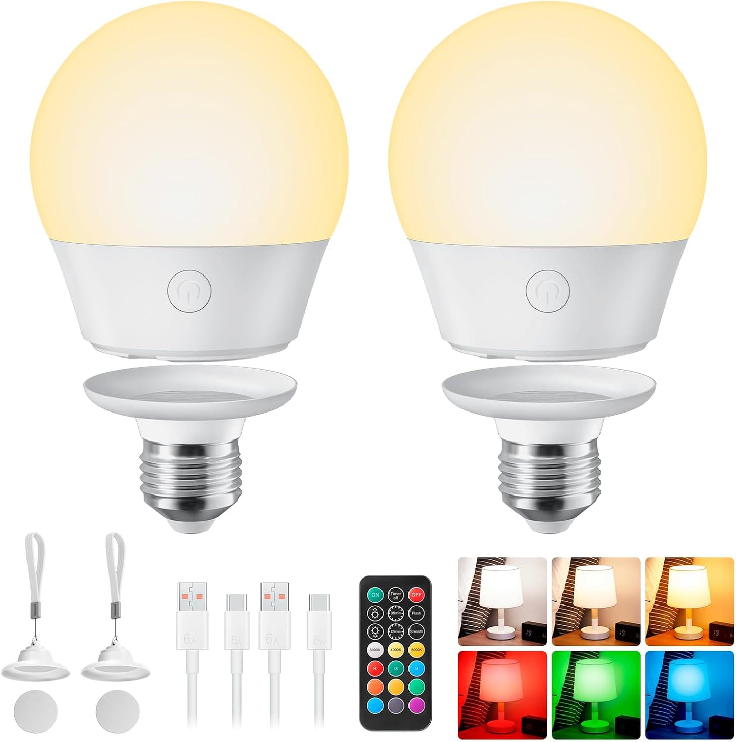 Brightown E26 Rechargeable Light Bulb with Remote and Timer | Magnetic Base, Battery Backup Bulb for Sconce, Lamps and Non-Hardwired Fixtures, 3 Color Temperatures + 9 RGB Colors, 2 Pack