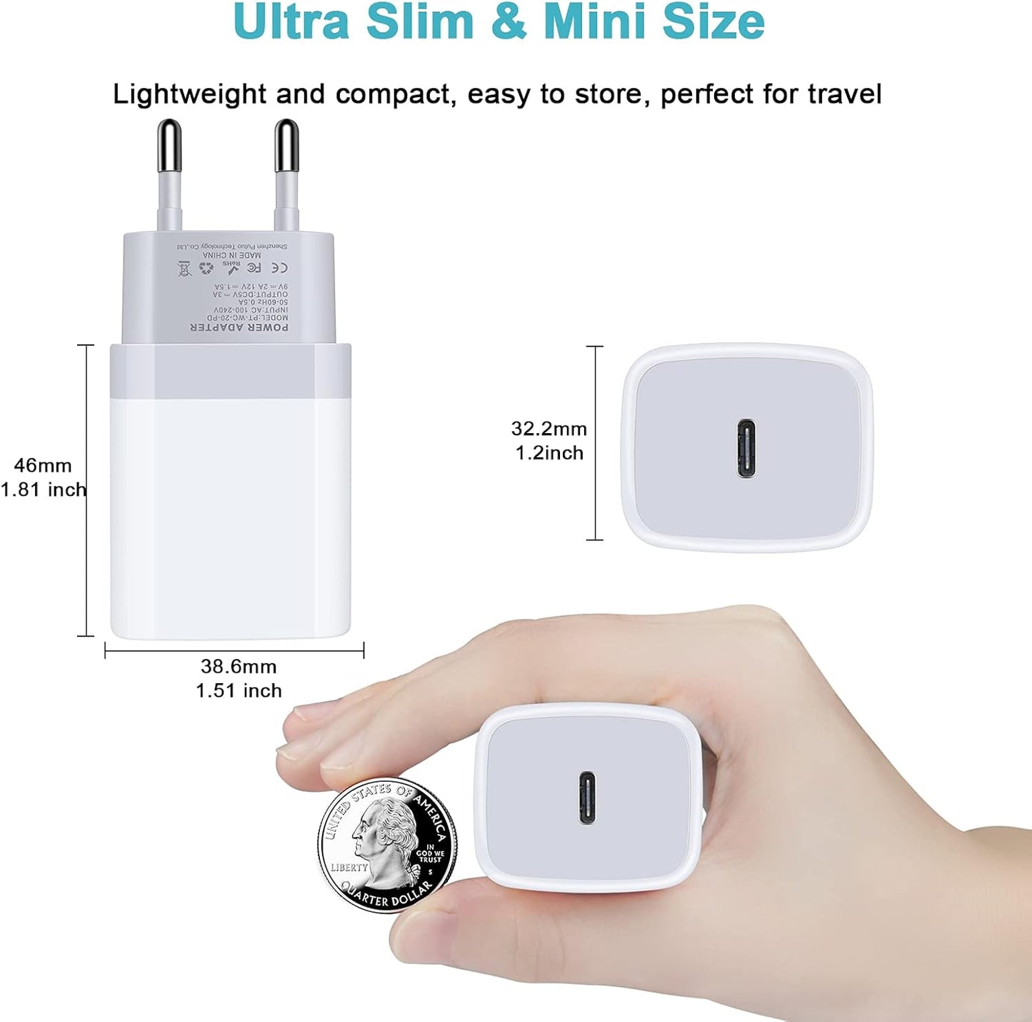 USB C Adapter, European Plug Adapter, 2-Pack Fast 20W Europe Travel Plug Power Adapter Type C Wall Chargers for iPhone 17 16 15 14 13 12 11 Pro Max XR XS X 8,Samsung Galaxy S25 A17,iPad,Google Pixel