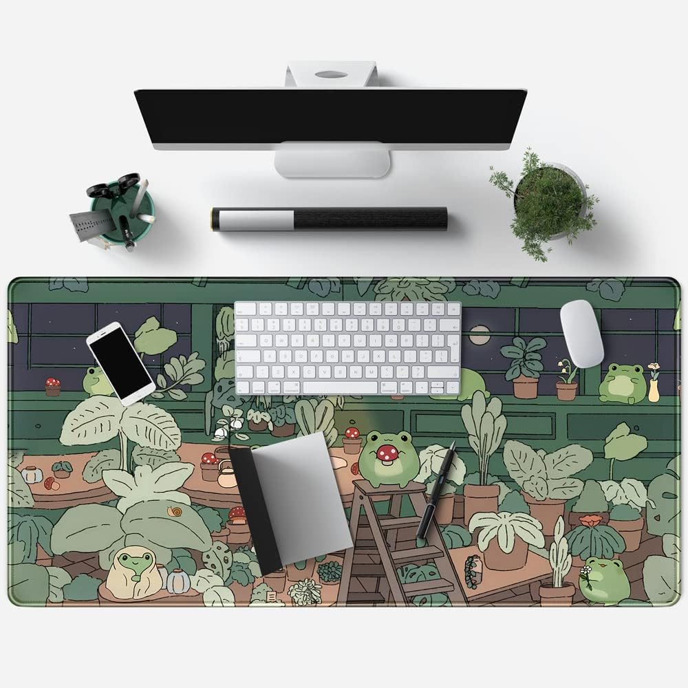 Cute Frog Mouse Pad Desk Pad Kawaii Green Desk Frog Decor Large Mouse Pad | Large Gaming Mouse Pad for Desk Computer Keyboard Laptop, Home Office Accessories for Girl (31.5x15.7 in)-with Stitched Eges