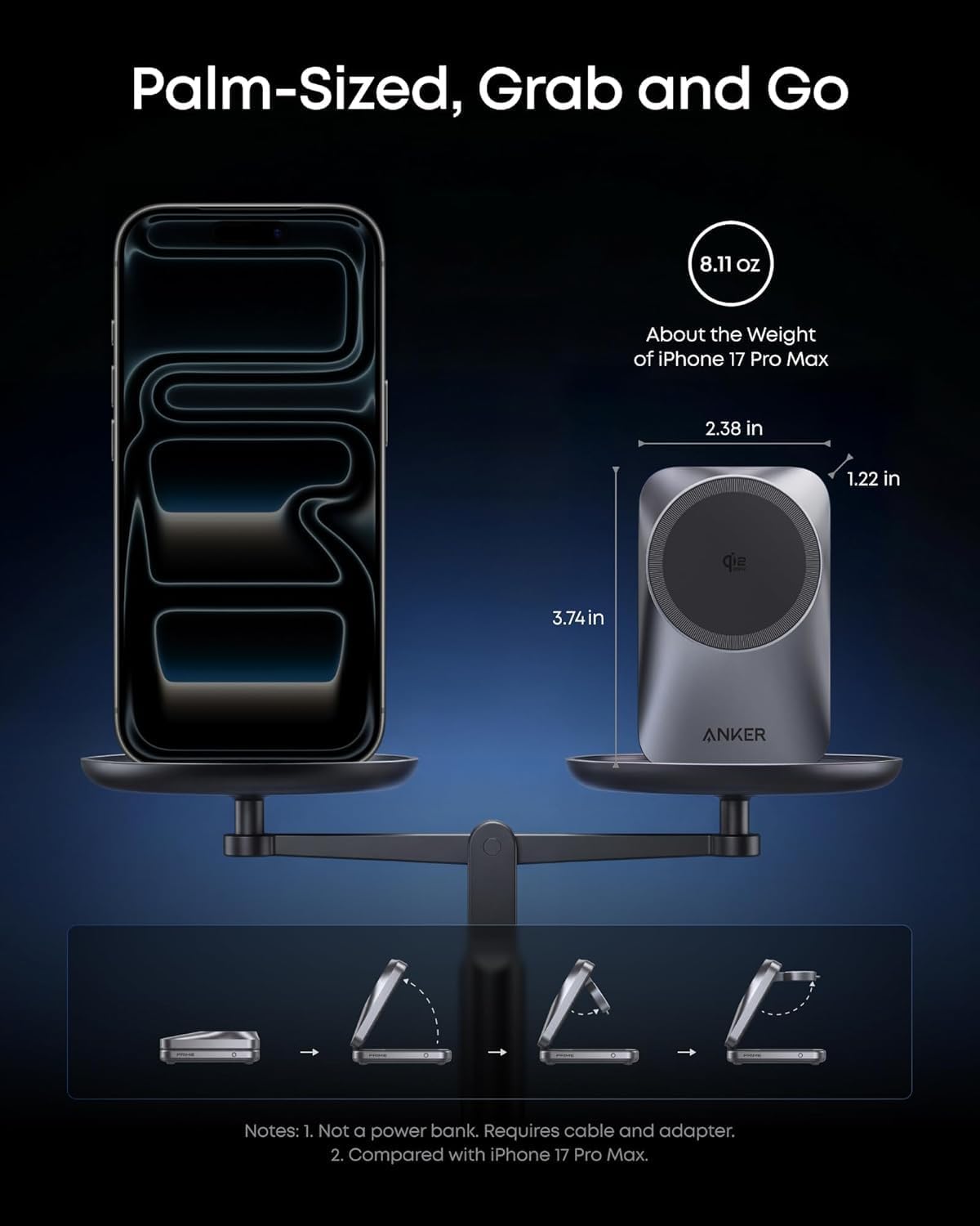Anker Prime 25W Qi2.2-Certified Palm-Sized 3-in-1 Foldable MagSafe Charger | Travel-Ready Charging Station, AirCool Wireless Charger for iPhone 17, Apple Watch, AirPods (Adapter Included, Non-Battery)