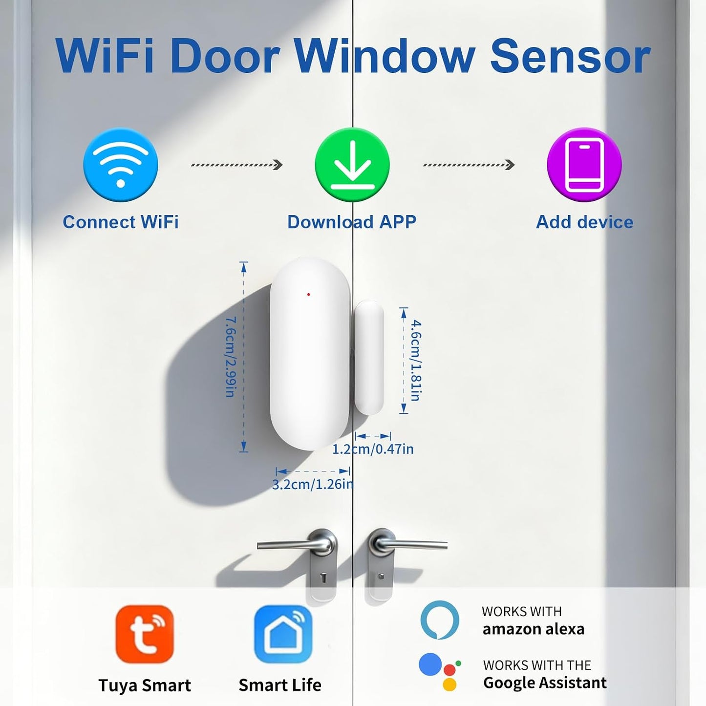 WiFi Magnetic Door Sensor Alarm with App That Alerts Your Phone, Mini Wireless Window Alarms When Opened for Home Security, No Hub Required, Smart Sliding Door Contact Sensors Chimes Safety Protection