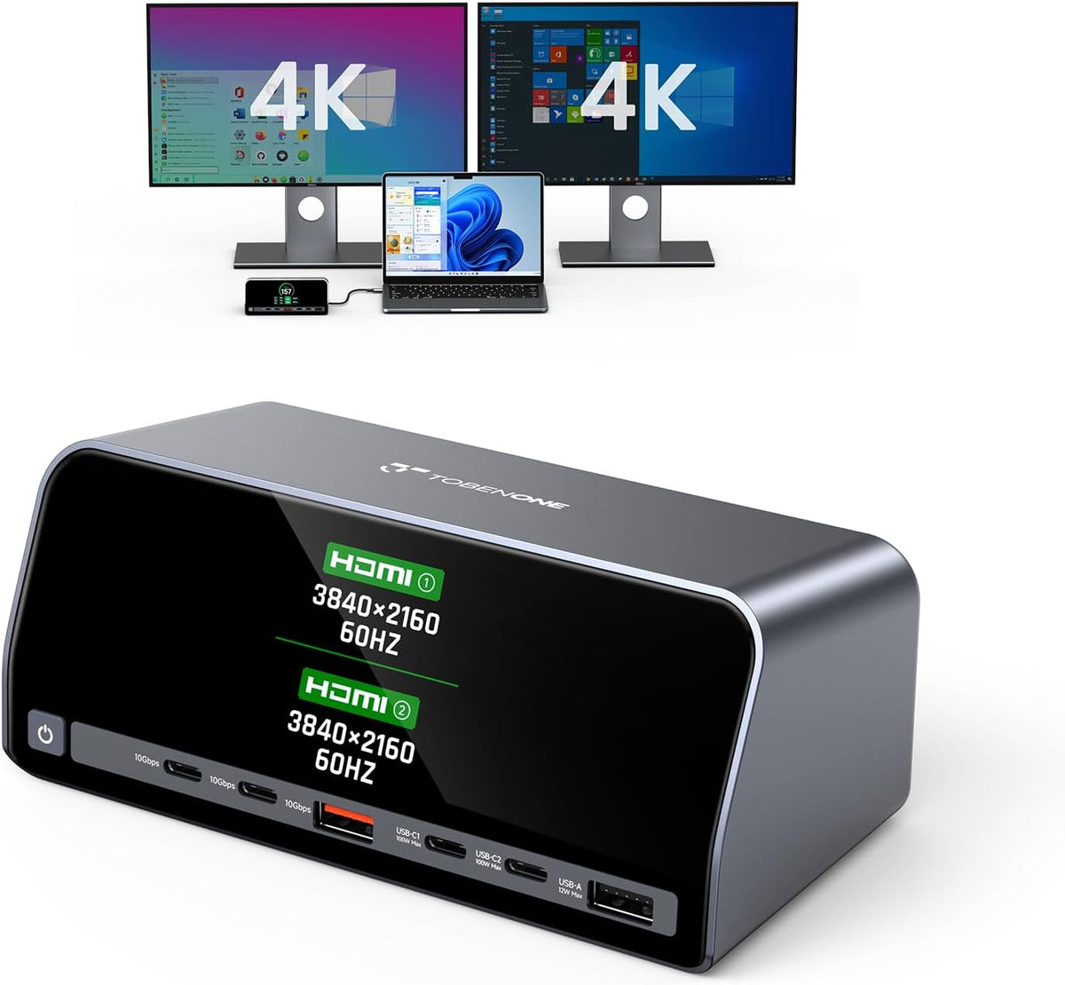 TobenONE Docking Station Dual 4K Monitor for Windows, 160W GaN+ LCD Display