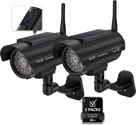 WALI Dummy Fake Camera, Solar Powered Fake Security Camera with LED Light, Simulated Surveillance Security CCTV Dome Cameras with Antenna and Warning Sticker Indoor Outdoor (SOL-TCB2), 2 Packs, Black