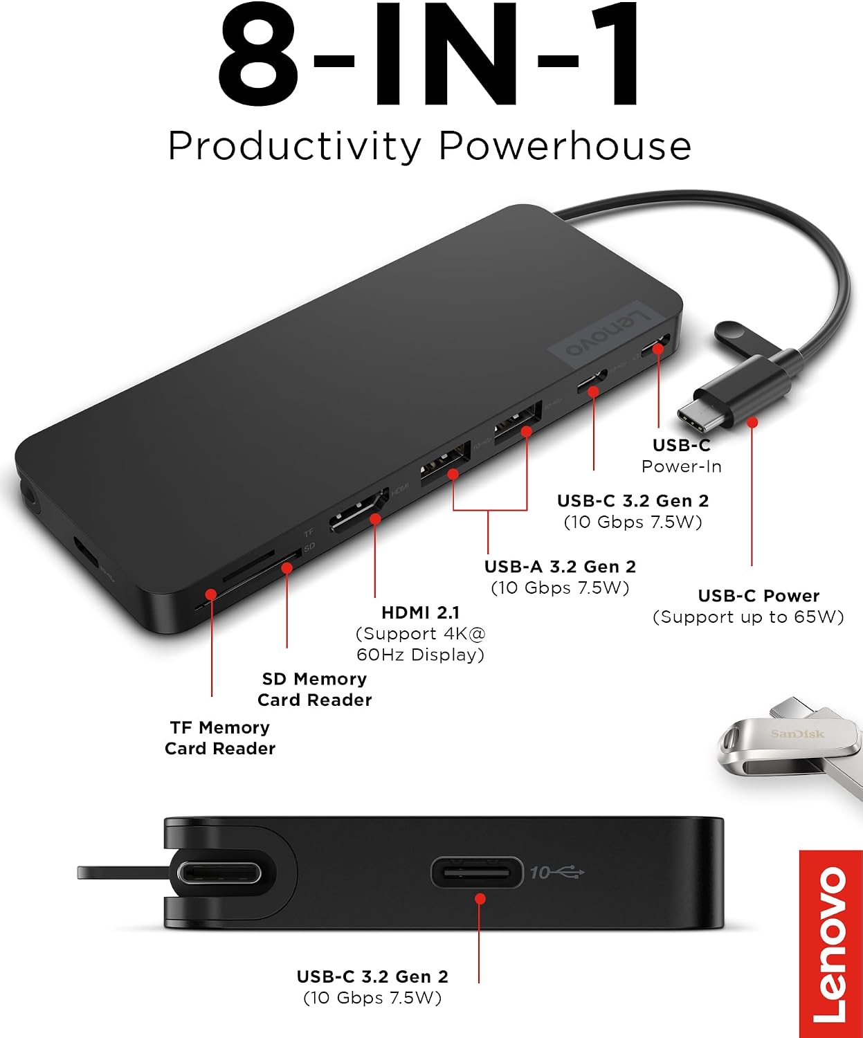 Lenovo USB-C Slim Travel Dock, 8 Ports, Up to 65W PD Pass Through, Integrated USB-C Cable, 4K Display Support, Black