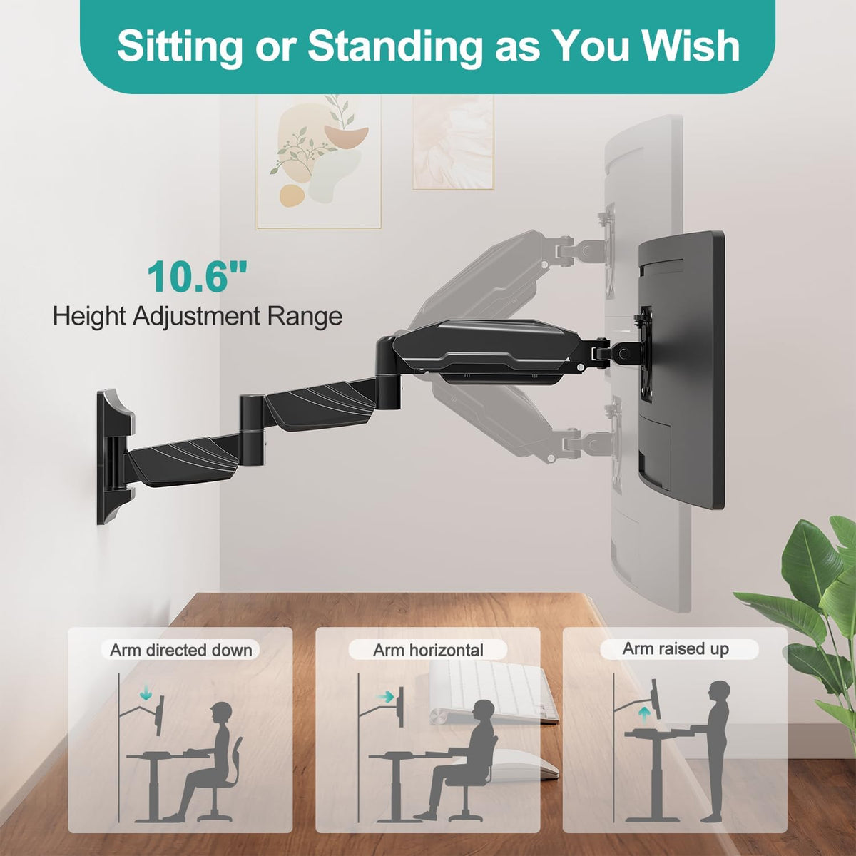 MOUNT PRO Monitor Wall Mount for 13 to 32 inch Computer Screen, Extra Long Adjustable Single Wall Mount Monitor Arm, Full Motion Vesa Wall Bracket 100x100, Hold up to 17.6lbs, Black
