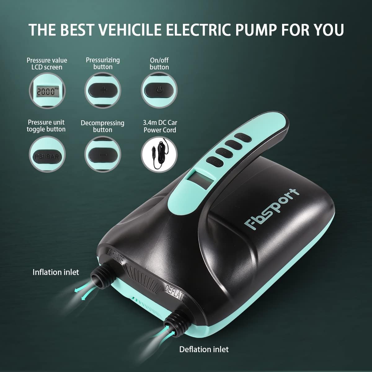Electric Paddle Board Pump, 20PSI SUP Air Pump with Inflation & Deflation Functions & 12V DC Car Connector, Portable Quick Inflator for Inflatable Paddleboard, Kayaks, Boats and Air Mattresses