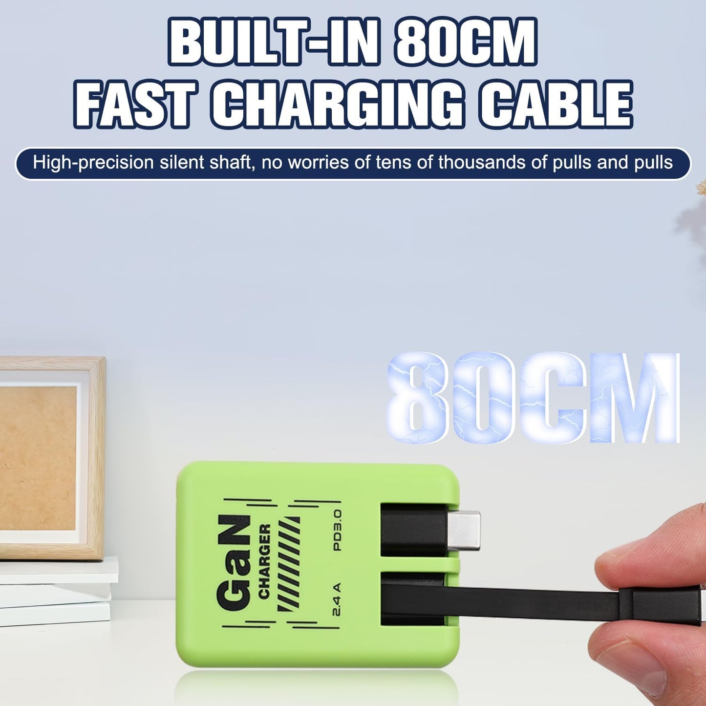 2-in-1 GaN Charger Fast Charging, with Lightning and Type-C Cables, Green | Retractable Phone Chargers, Foldable fast charger Compatible with iPhone&Most Android
