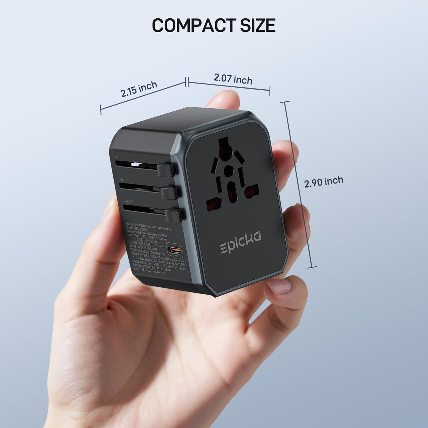 EPICKA 45W Universal Travel Adapter PD&QC, 1AC/4USB-C/1USB-A | Travel Plug Adapter for EU/US/UK/AUS, Fast Charging for Multi-Device, Not A Voltage Converter, TA-105S, Black