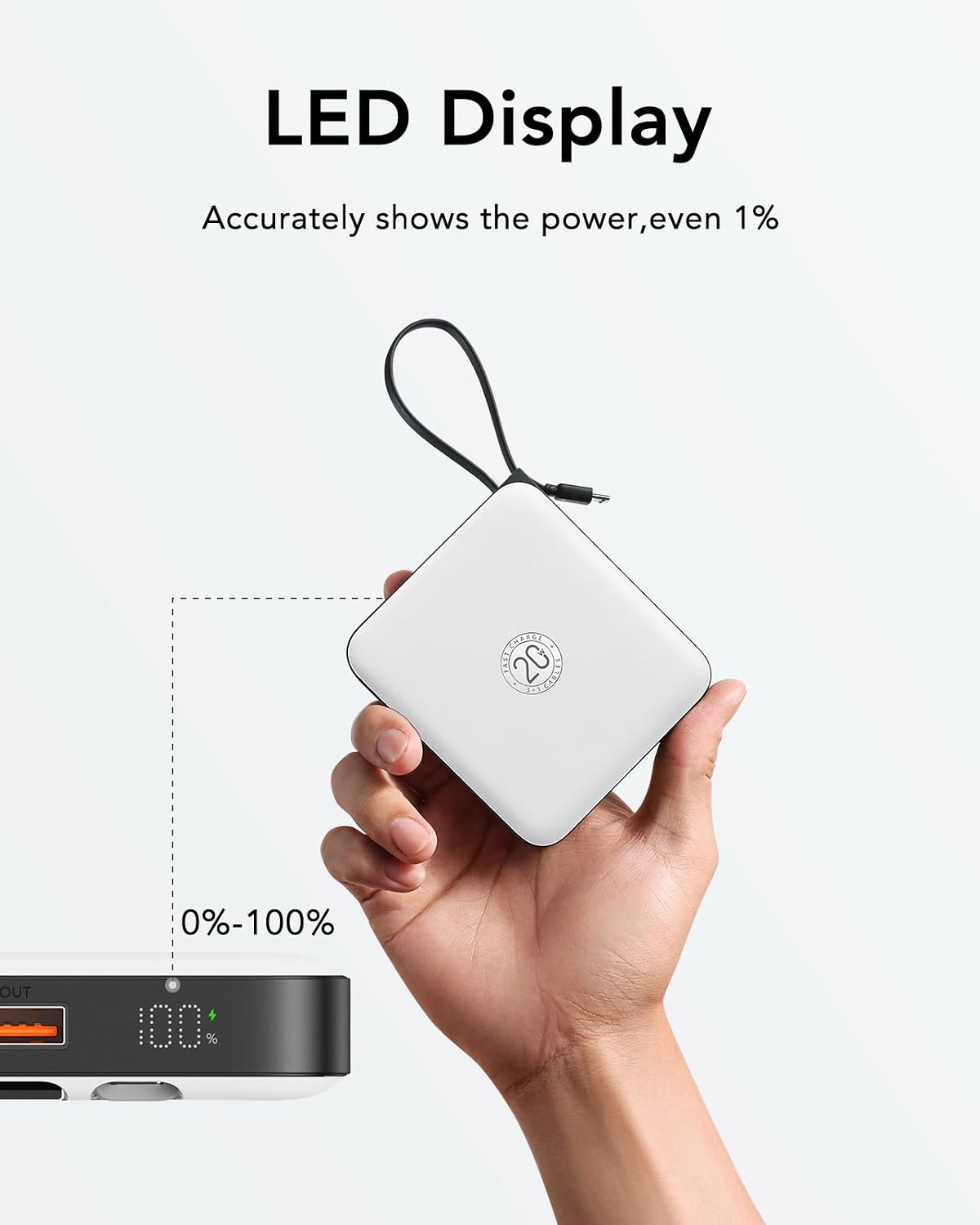 VRURC Battery Pack Portable Charger 10000mAh, 22.5W Fast Charging | Power Bank with Built-in Cable, LED Display for Cell Phone, for iPhone 17 16 15, Samsung Galaxy and USB-C Devices (White)