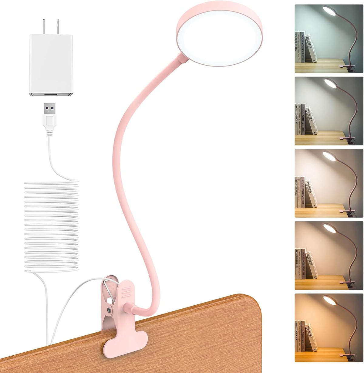 LiFMIRA Desk Lamp Clip on Light 8W 66 LED Reading Light for Bed Pink