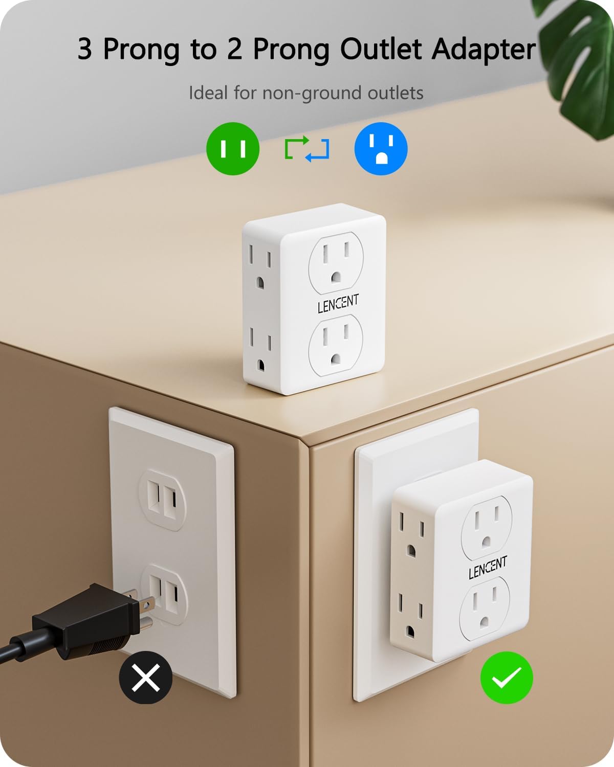 LENCENT 2 to 3 Prong Outlet Adapter, 2 Prong Plug Adapter, 6 Widely Spaced | Outlets Extender, 3-Sided Wall Plug Splitter, 1875W Max, Compact Wall tap for Non-Grounded Outlets in Old House Hotel Dorm