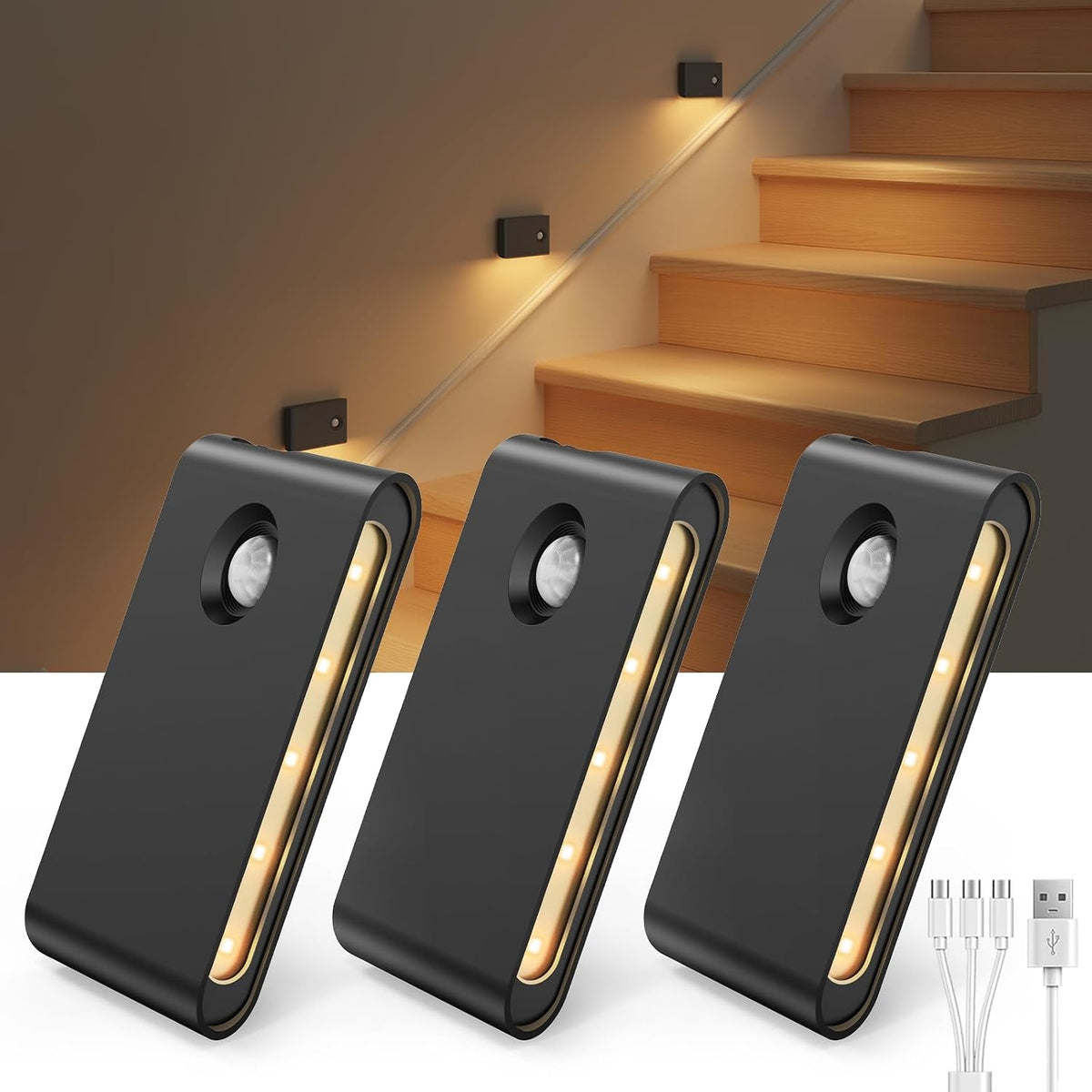 EZVALO 3 Pack Motion Sensor Night Lights, Sync LED Stair Lights Indoor, 1500mAh Rechargeable, Magnetic & Dimmable, 3000K Soft White, Portable Nightlight for Hallway, Stairs, Bathroom, Bedroom (Black)