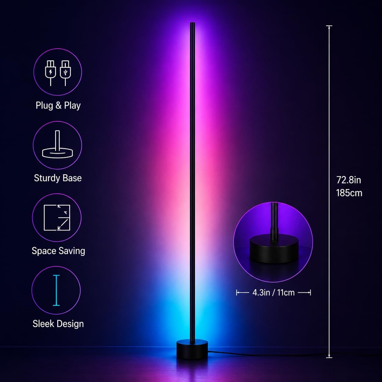 RGB Corner Floor Lamp for Gaming Room, APP Control