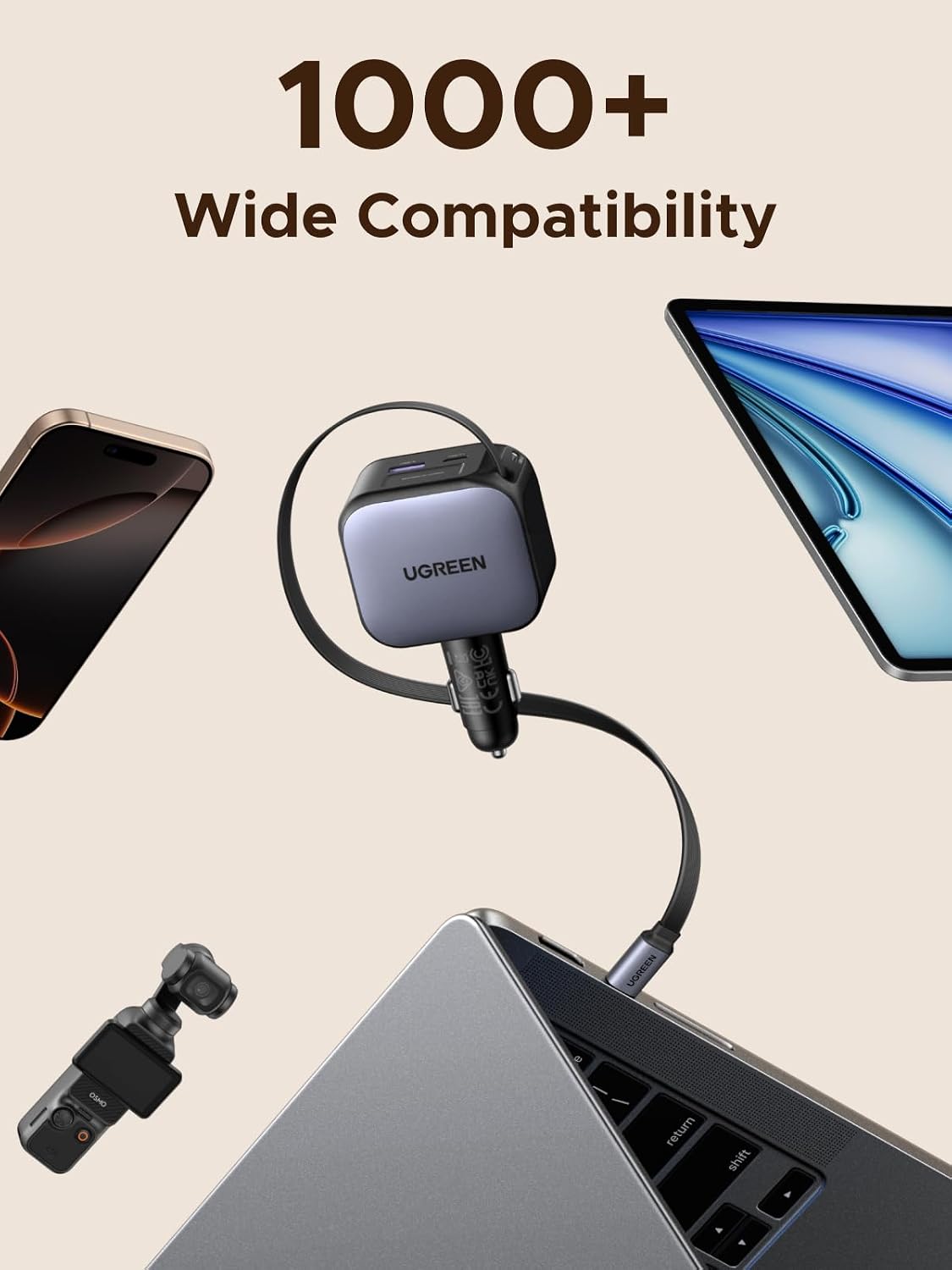 UGREEN 145W 4-Port Retractable Car Charger with 60W Retractable Cable | 3 USB-C 1 USB-A, Compatible with iPhone 17 Air 17 Pro 17 Pro Max 16 15 14 13 12, Galaxy S25 S24 S23 Ultra, iPad, MacBook