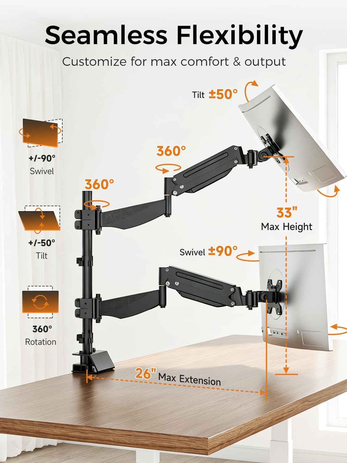 suptek Dual Monitor Arm Desk Mount for 17-49 Inch Ultrawide Monitors, Heavy Duty Dual Monitor Mount Holds 44 lbs, Full Motion Gas Spring Vertical Stacked Monitor Mount, 75/100 VESA Mount, Black