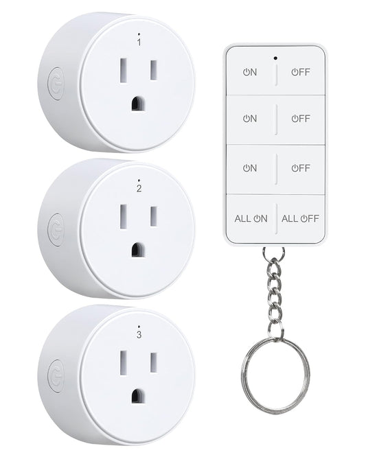Remote Control Outlet with All On/Off Switch, 200FT Long Range | 200FT Wireless Range, Mini Round Outlet Plug, 15A/1875W, for Lamps/Lights/Household Appliances, FCC listed, Pre-Programmed