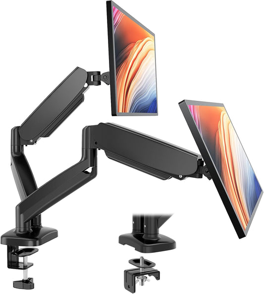 DUMOS Dual Monitor Mount for Desk, Gas Spring Monitor Arm for 2 Monitors Max 32 Inches, Fully Adjustable Double VESA Mount with C-Clamp/Grommet Base, Holds Screen 17.6 lbs