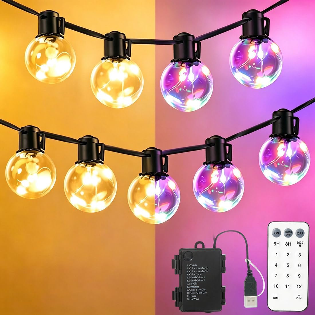 30ft Outdoor String Lights Battery Powered, 20 G40 LED Patio Bulbs | Warm White,Dimmable,Remote,Timer,IP65 Waterproof Hanging Globe Bulb Shatterproof for Backyard Balcony Bistro Christmas Decor