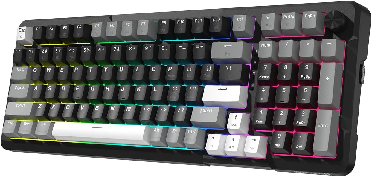Redragon K742 Wireless Mechanical Gaming Keyboard with Knob for PC Computer | Bluetooth 5.0/2.4GHz/USB C Wireless Creamy Keyboard with Number Pad, RGB Backlits, Hot-Swappable with Linear Switches (Black)