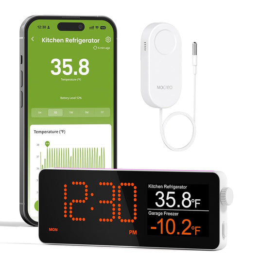 MOCREO WiFi Refrigerator Thermometer, Remote Email & App Alert, 2 Years Data Export, 1 Smart Temperature Sensor Frezzer Alarm with Digital Monitor Hub for Home, Kitchen, Fridge