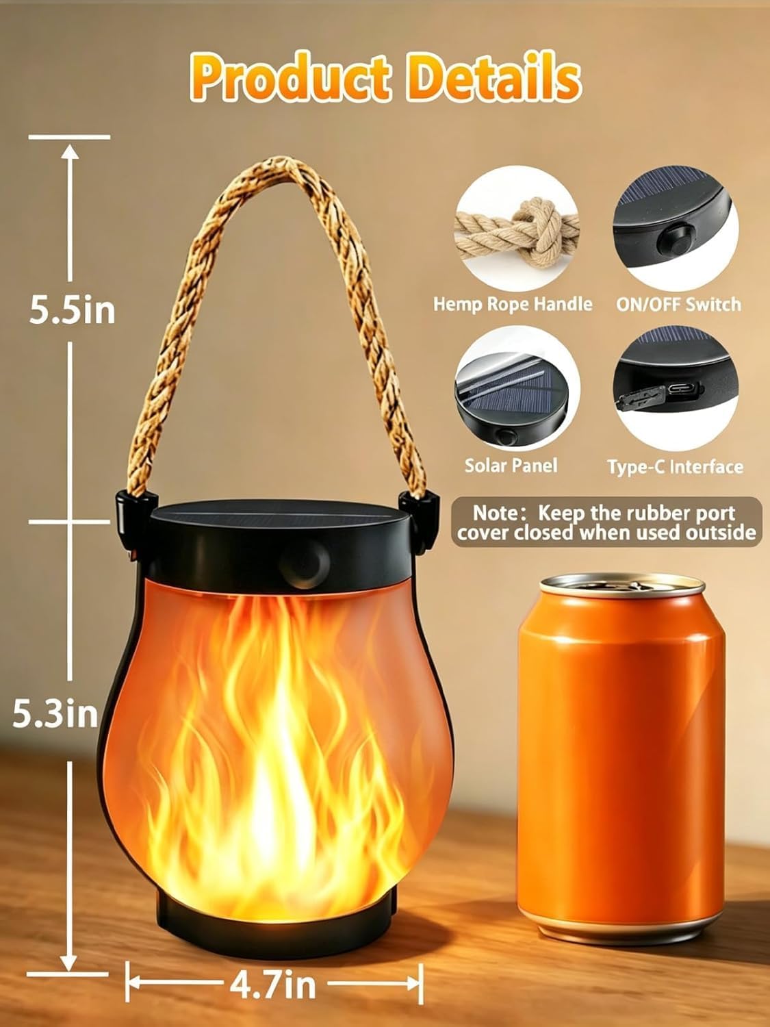 4 Pack Gen2 Solar Lanterns Outdoor Waterproof Hanging Solar Flame Lights | USB & Solar Charging, 2 Modes, Auto ON/OFF, IP65 Waterproof, Hemp Rope Handle, Indoor Outdoor for Garden Tree Tabletop Decor