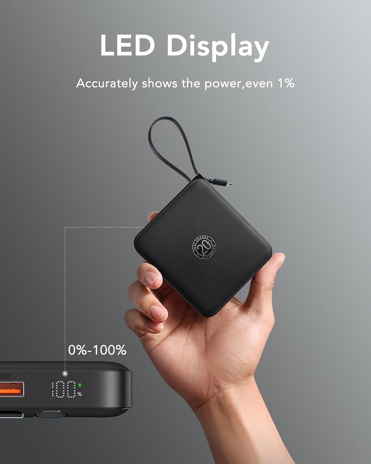 VRURC Portable Charger with Built-in Cables, 10000mAh 22.5W Fast Charging USB C Power Bank with LED Digital Display, Slim Battery Pack for iPhone 17/16/15 &amp; Samsung Galaxy &amp; Android Phones (Black)