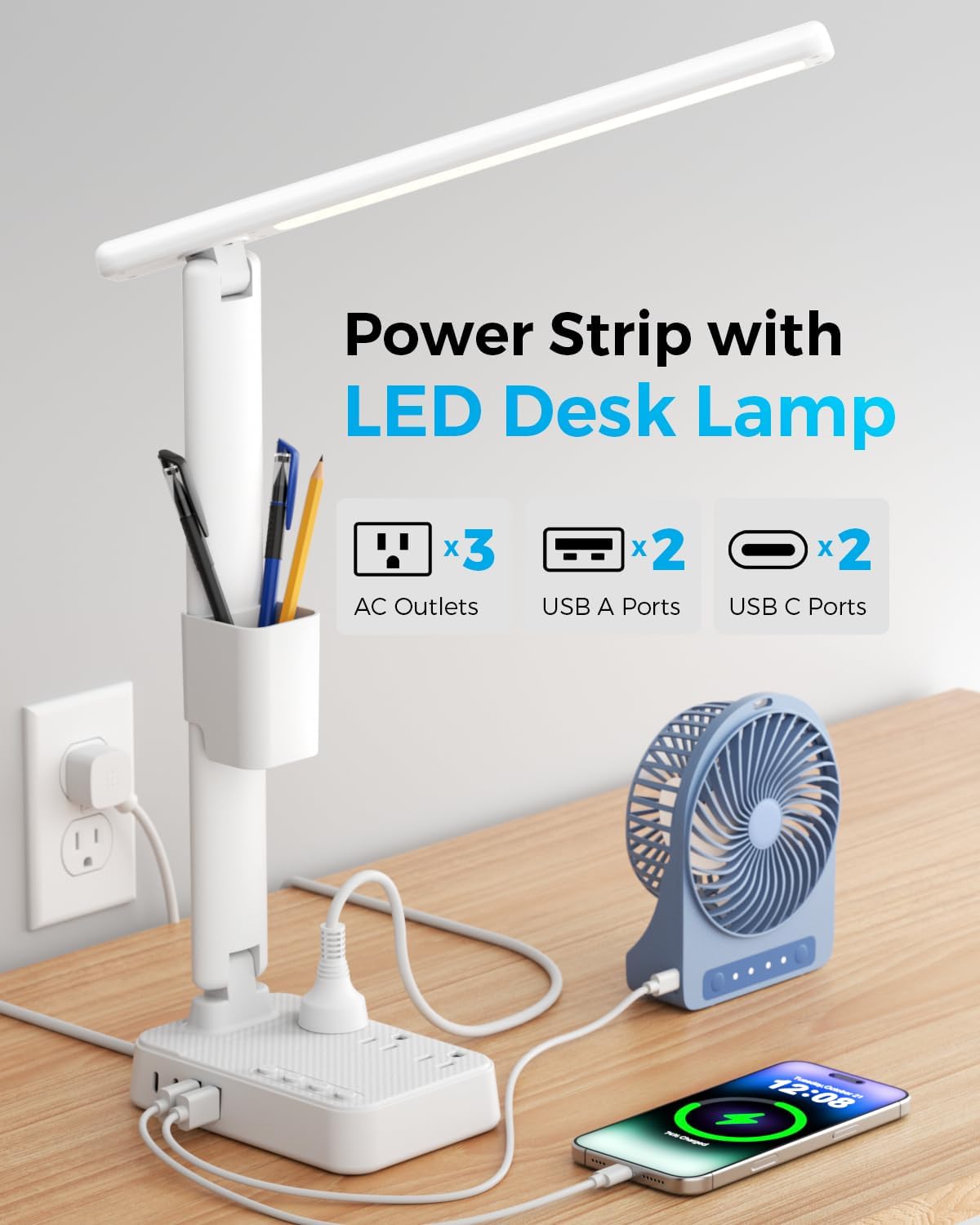 LED Desk Lamp with Power Strip, 3 AC Outlets, 4 USB Ports, Stepless Dimming
