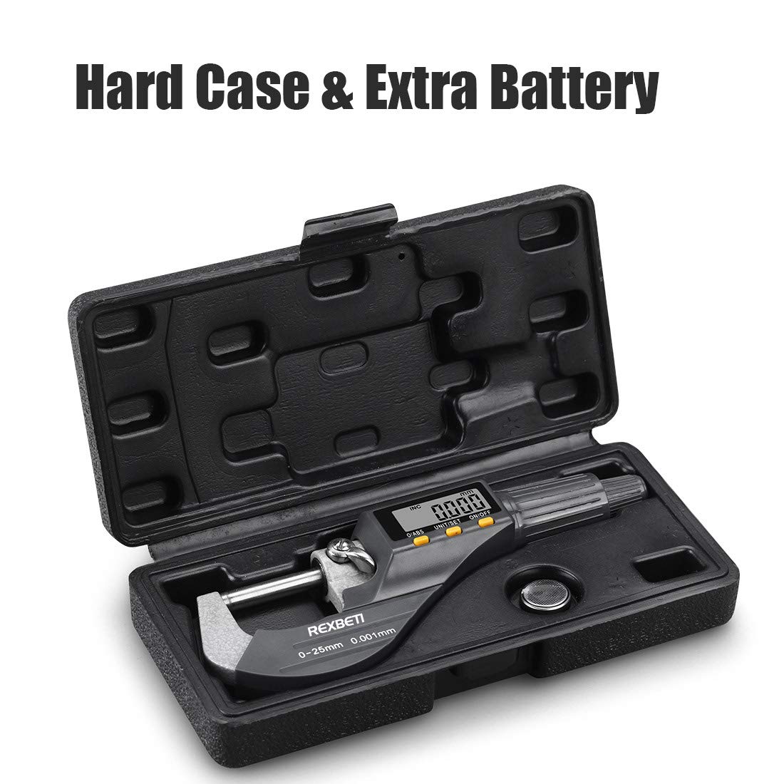 REXBETI Outside Micrometer, Ultra-Precision Carbide Tipped Measuring Tool | Digital Micrometer, Professional Inch/Metric, 0.00005"/0.001 mm Resolution Thickness Gauge, Protective Case, Extra Battery