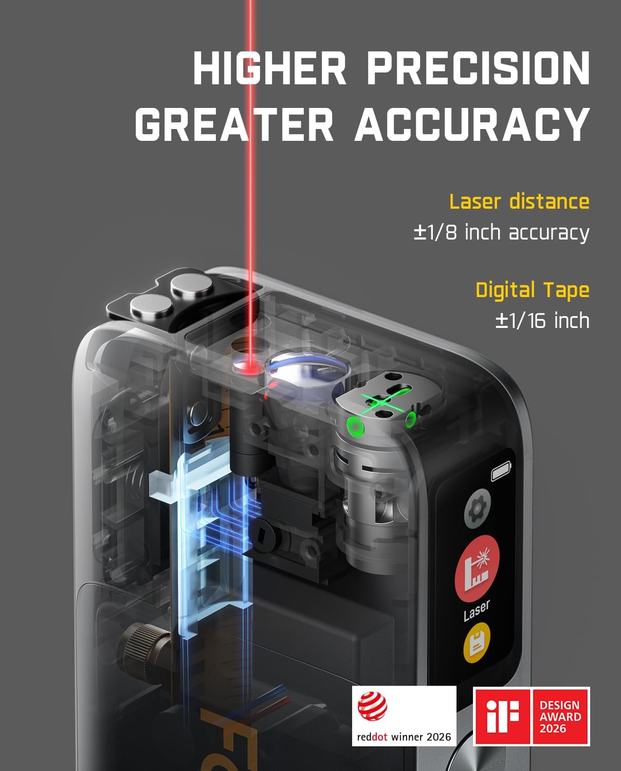 Fanttik A10 Apex 3-in-1 Digital Laser Tape Measure with Cross Line Laser | 165Ft Rechargeable Laser Measurement & 32Ft Green Cross Line Laser & 9.8Ft Tape, 6 Units, for Distance/Area/Volume/Leveling