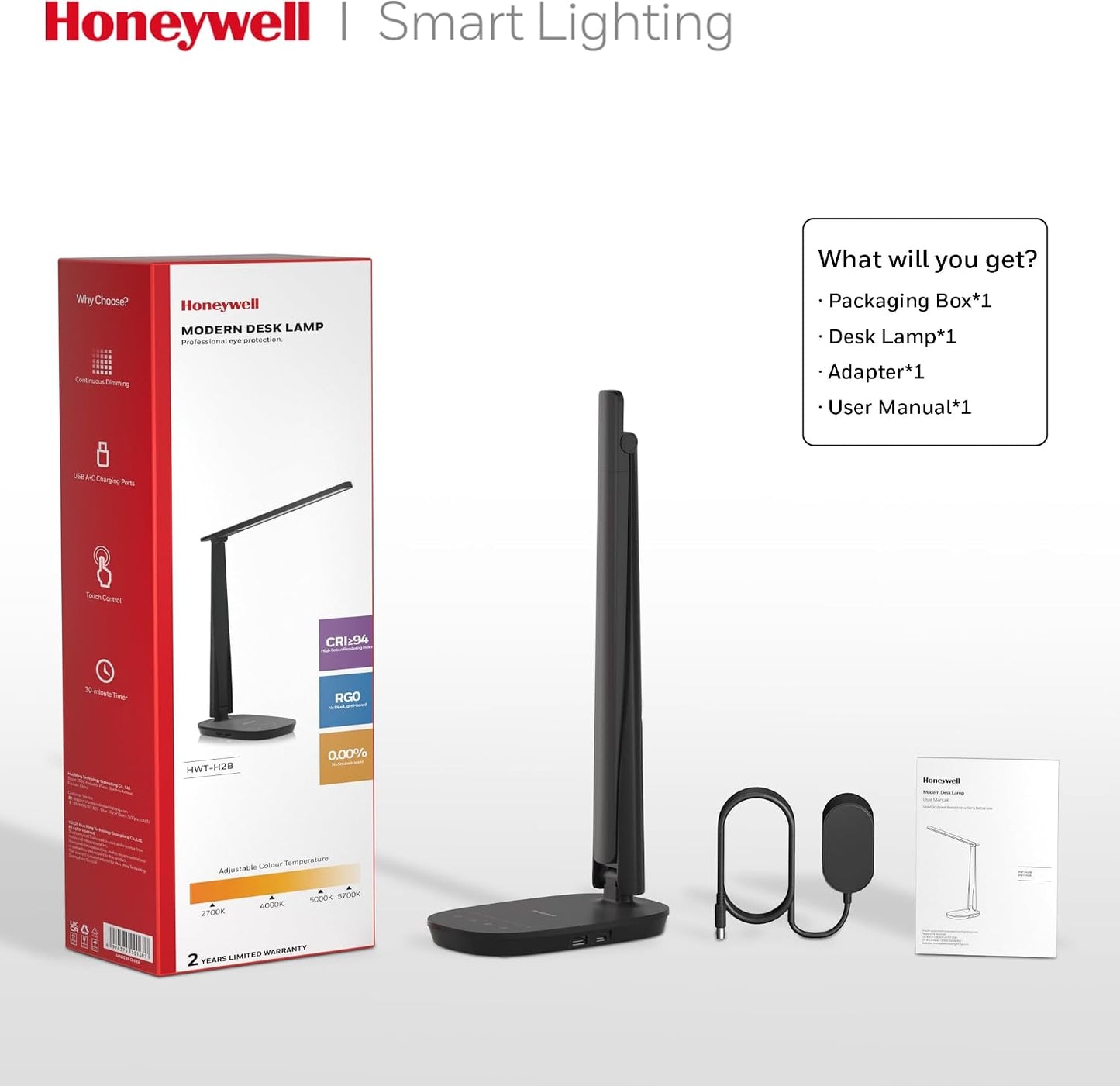 Honeywell HWT-H2 LED Desk Lamp for Home Office, CRI94 Full Spectrum Eye-Caring Light, Dimmable Table Lamp with USB-A & USB-C Charging Ports, Foldable Touch Control Reading Lamp, Black