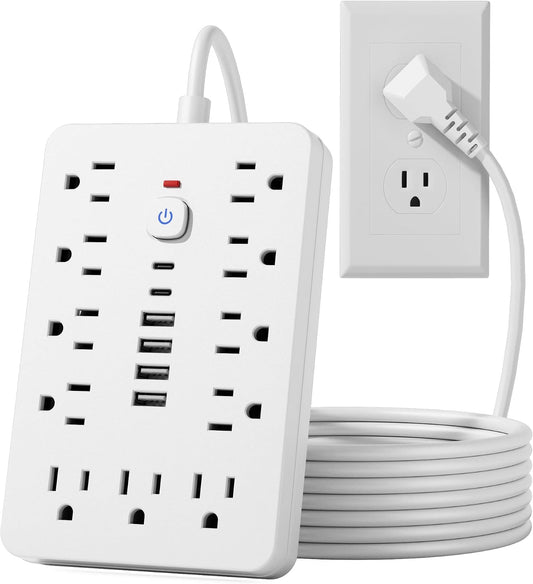 15 FT Flat Plug Surge Protector Power Strip,11 AC Outlets with 6 USB Ports