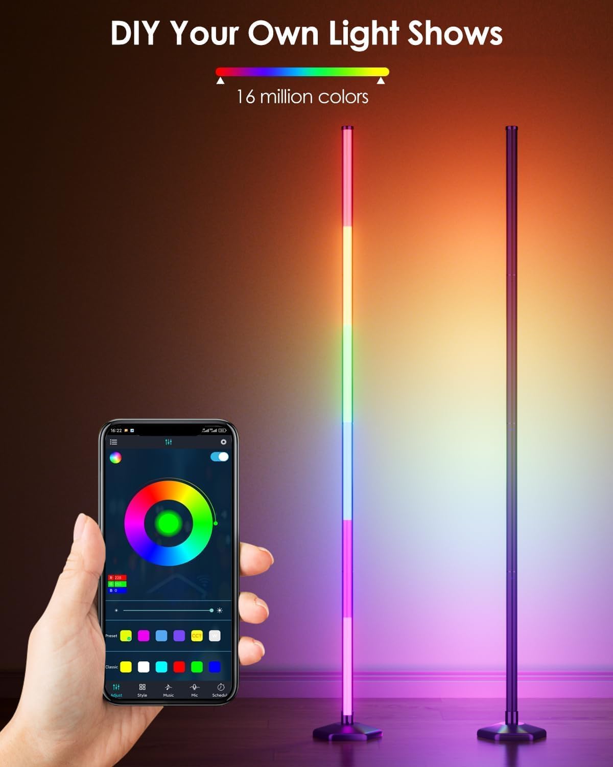 Corner Floor Lamp, 2 Pack RGB Corner Lamp with App/Remote/Button Control, Smart LED Floor Lamp with 16 Million DIY Colors & 68+ Scene, Music Sync for Living Room, Bedroom, Gaming Room (2, 57 Inch)