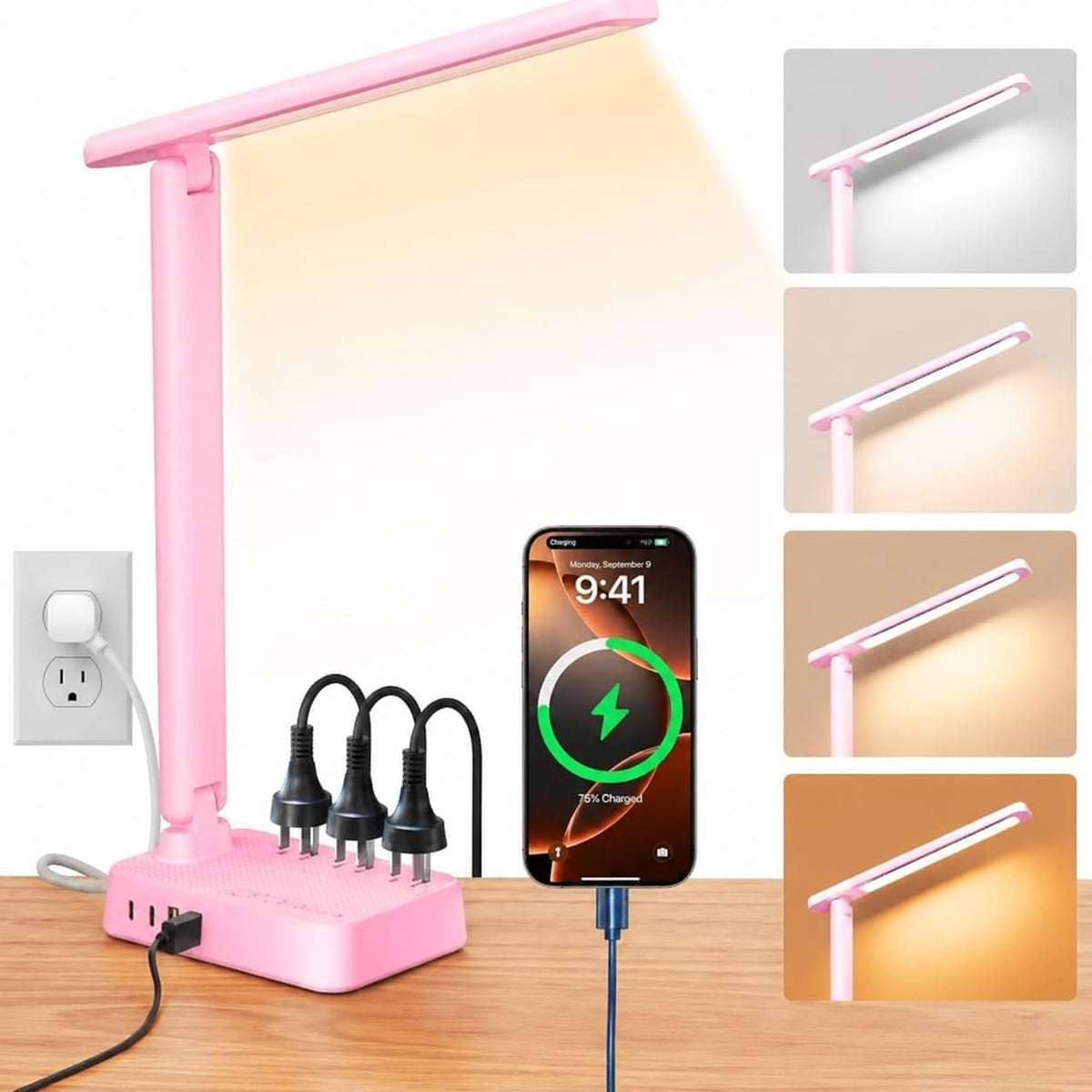 LED Desk Lamp with Power Strip, 3 AC Outlets, 4 USB Ports, Stepless Dimming