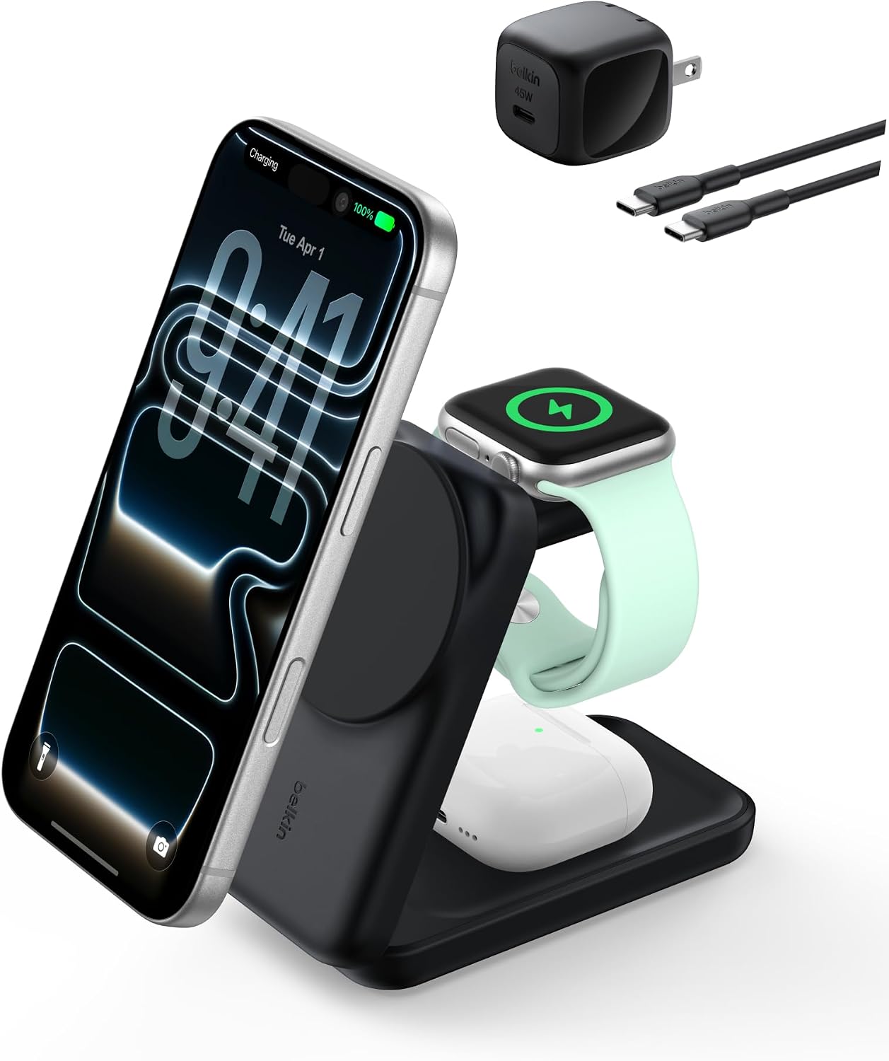 Belkin Qi2.2 25W Magnetic Wireless Charging Station, 3-in-1 Foldable Stand | MagSafe compatible, charging dock, iPhone 17/16/15, Apple Watch, AirPods, Pixel 10, foldable, 45W adapter