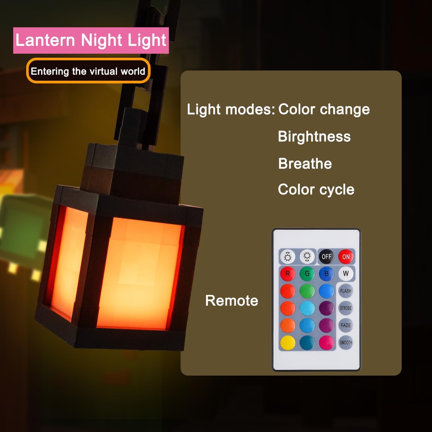 Pixelated Lantern Night Light for Kids, LED 16 Colors Change Hanging Lamp | Rechargeable, Soft, Free Hanging/Tabletop Nightlight Gamer Boys Girls Bedroom Game Room Dorm Home Wall Decor, Birthday Gift