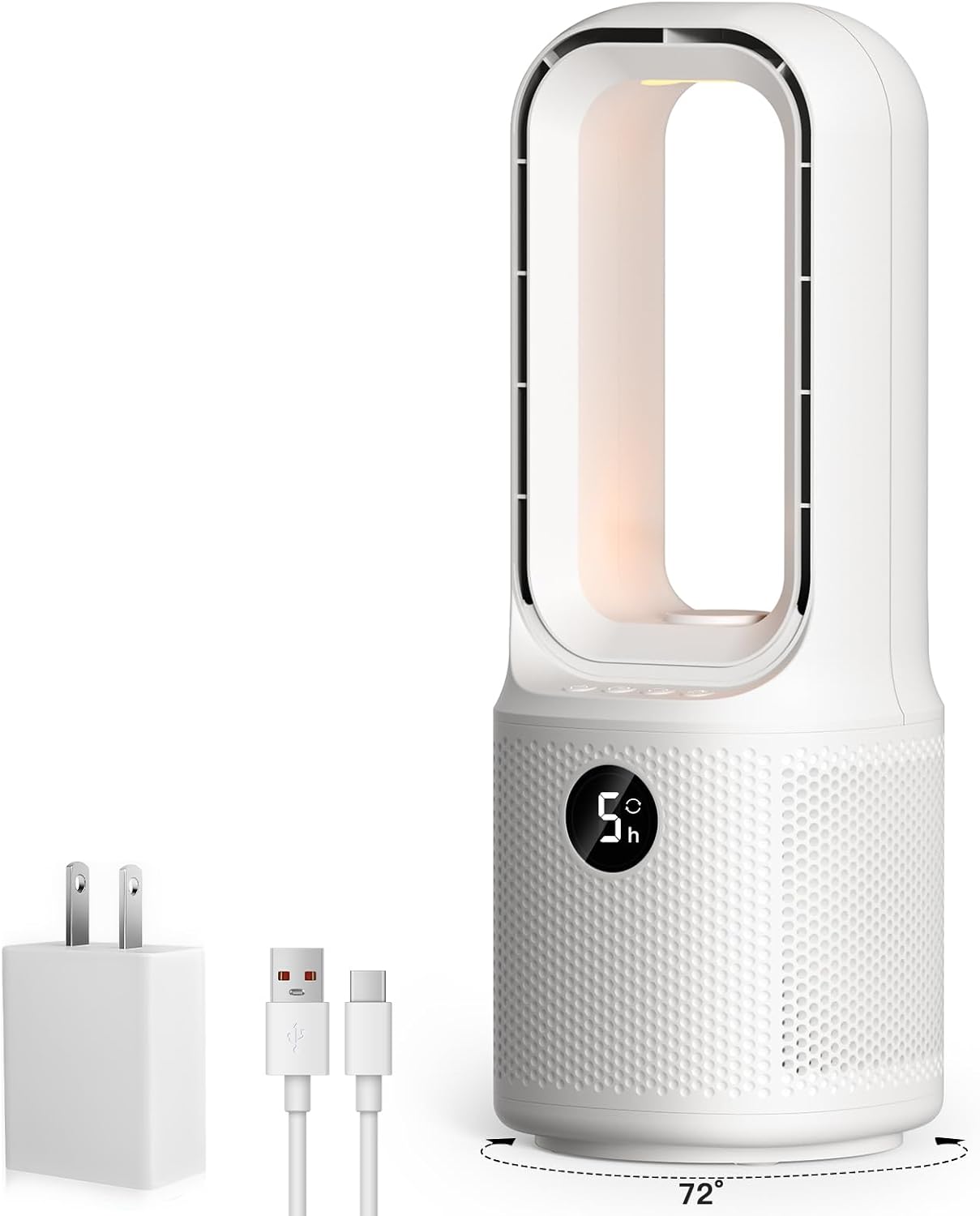 let'me Bladeless Desk Fan Small Quiet,5-Speed Bedside Table Fan with 3-Level Brightness Night Light, 72° Oscillation, 9-Hour Timer, Wired Power with Adapter,Fan for Bedroom Office Home,13x5 Incn