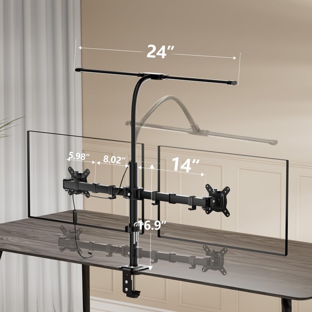Dual Monitor Stand with LED Desk Lamp,Dual Monitor Mount for Desk Holds up to 30 Inches Screens, Supports 19.84 lbs per Monitor Arm, Swivel, Rotate and Tilt 2 Monitor Desk Mount