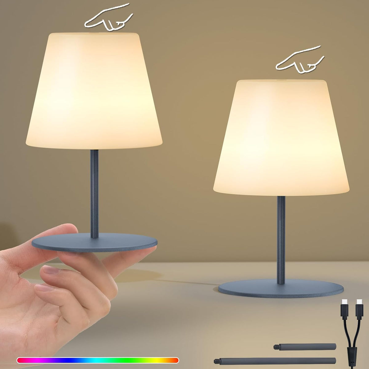 uuffoo 2 Pcs Mini Touch Shower Lamps Waterproof with 2-Step Warm White | Soft Light for Eye Care, Cordless Recharge lamp, RGB, IP44, Dual Plug USB Charging Cable, Color Temperature Memory (Grey)