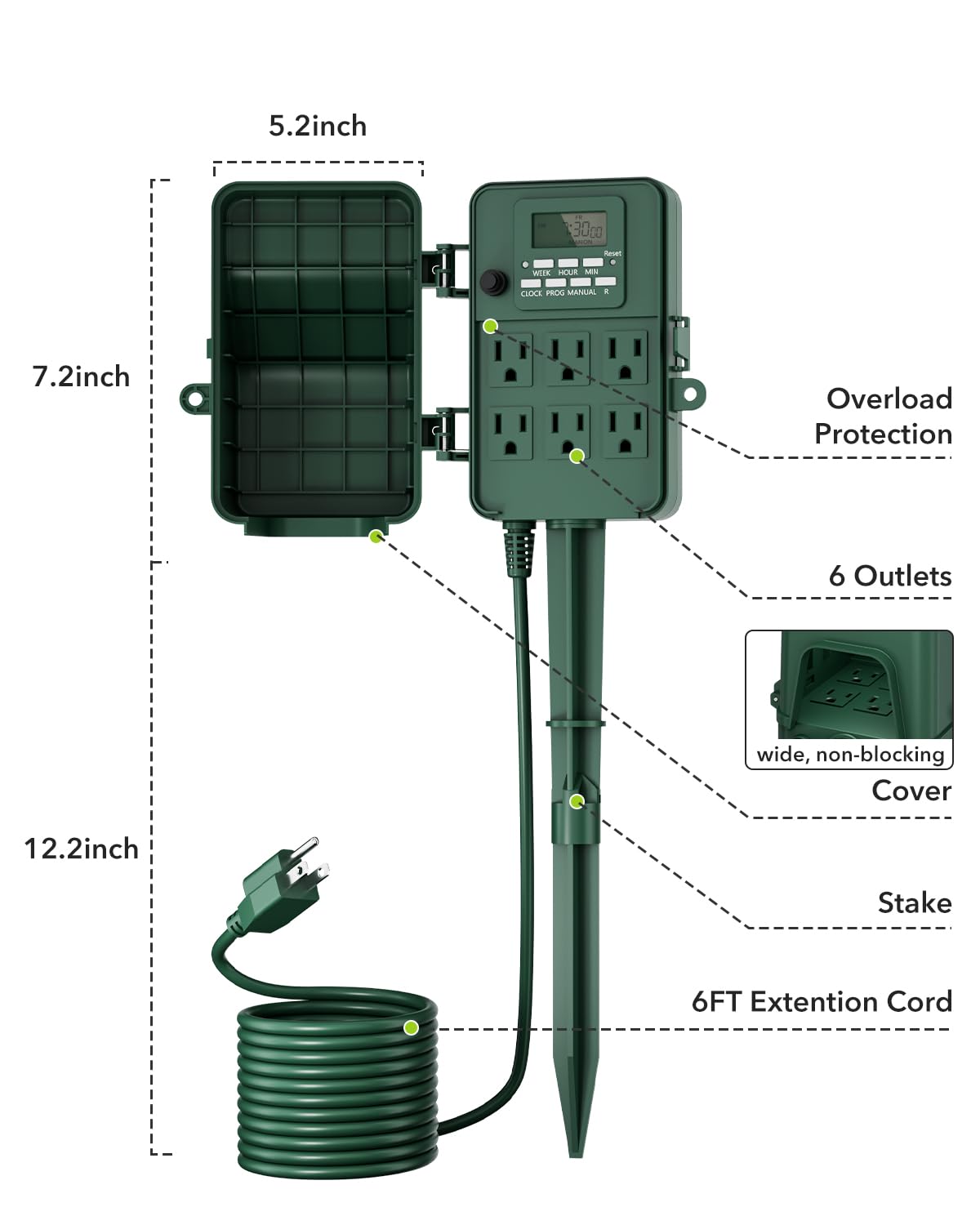 BN-LINK Outdoor Power Stake Timer, Programmable Digital Timer, 6 Outlets