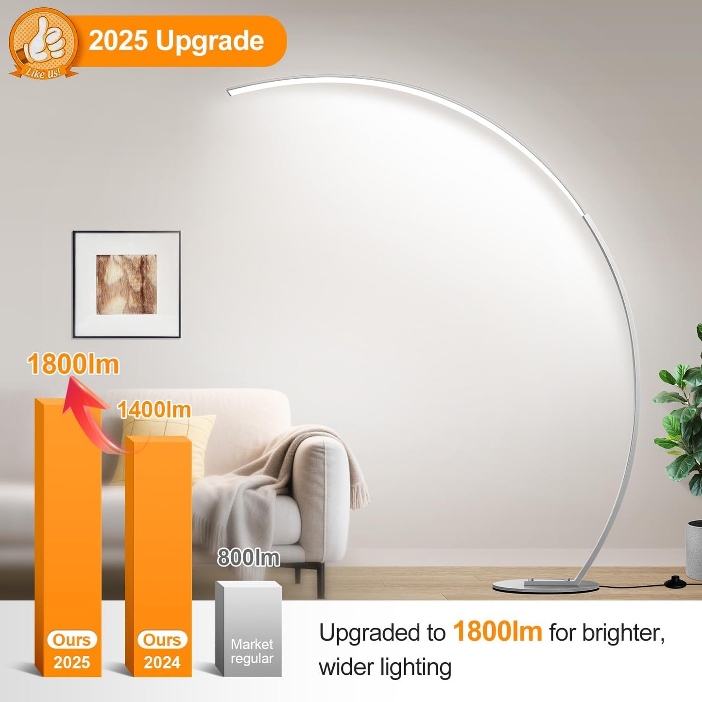 RGB Floor Lamp with 3 Color Temperatures, Ultra Bright 1800LM Smart Arc LED Floor Lamp with Remote Control, Music Sync, Scene Modes, Modern Standing Tall Lamp for Bedroom Living Room-Brushed Nickel