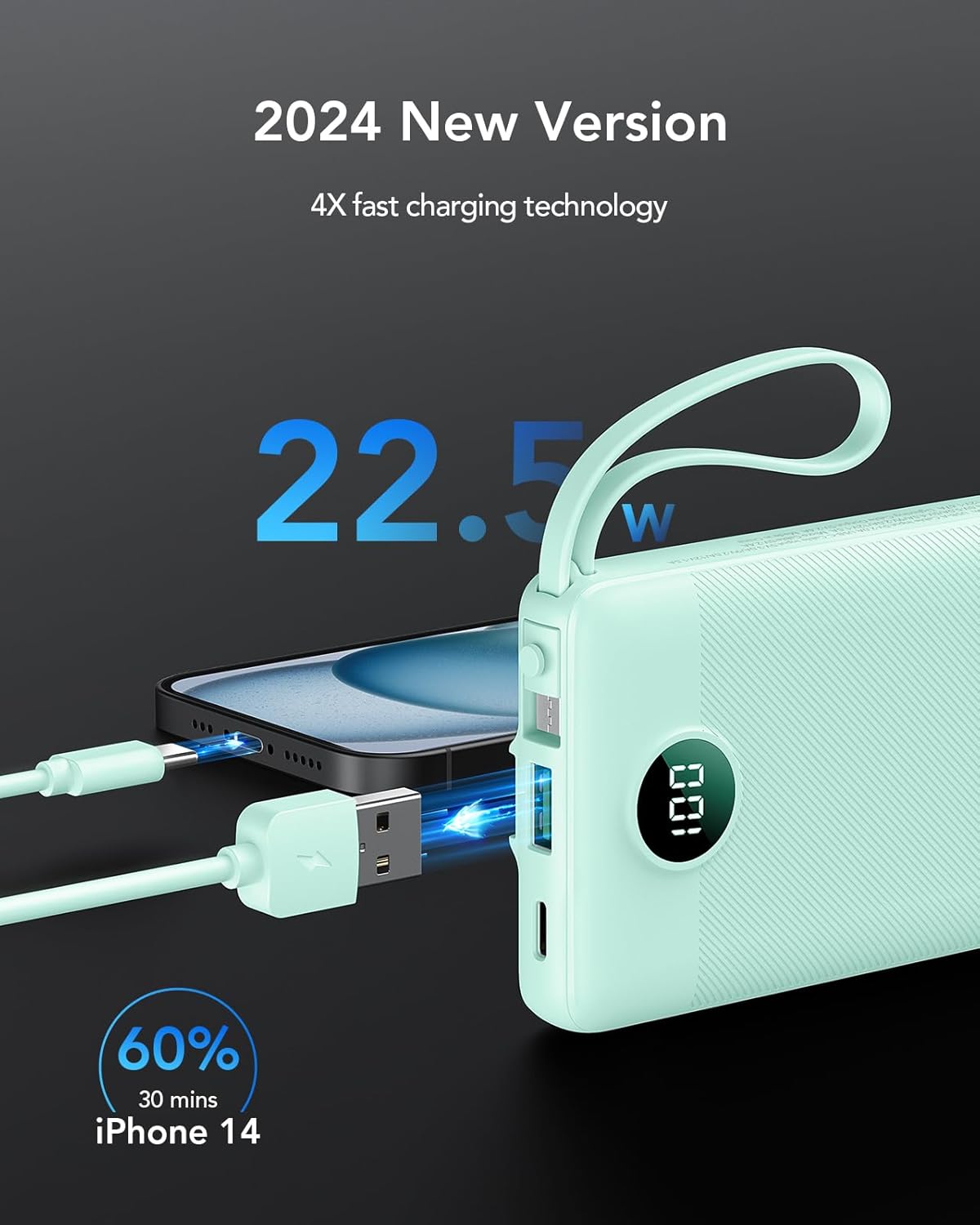 VRURC Portable Charger, 22.5W Fast Charging Power Bank Built‑in 4 Cables | 10000mAh Slim Lightweight Travel Battery Pack for iPhone, Samsung & Multi Devices, Pocket‑Friendly with Lanyard-Green(1 Pack)
