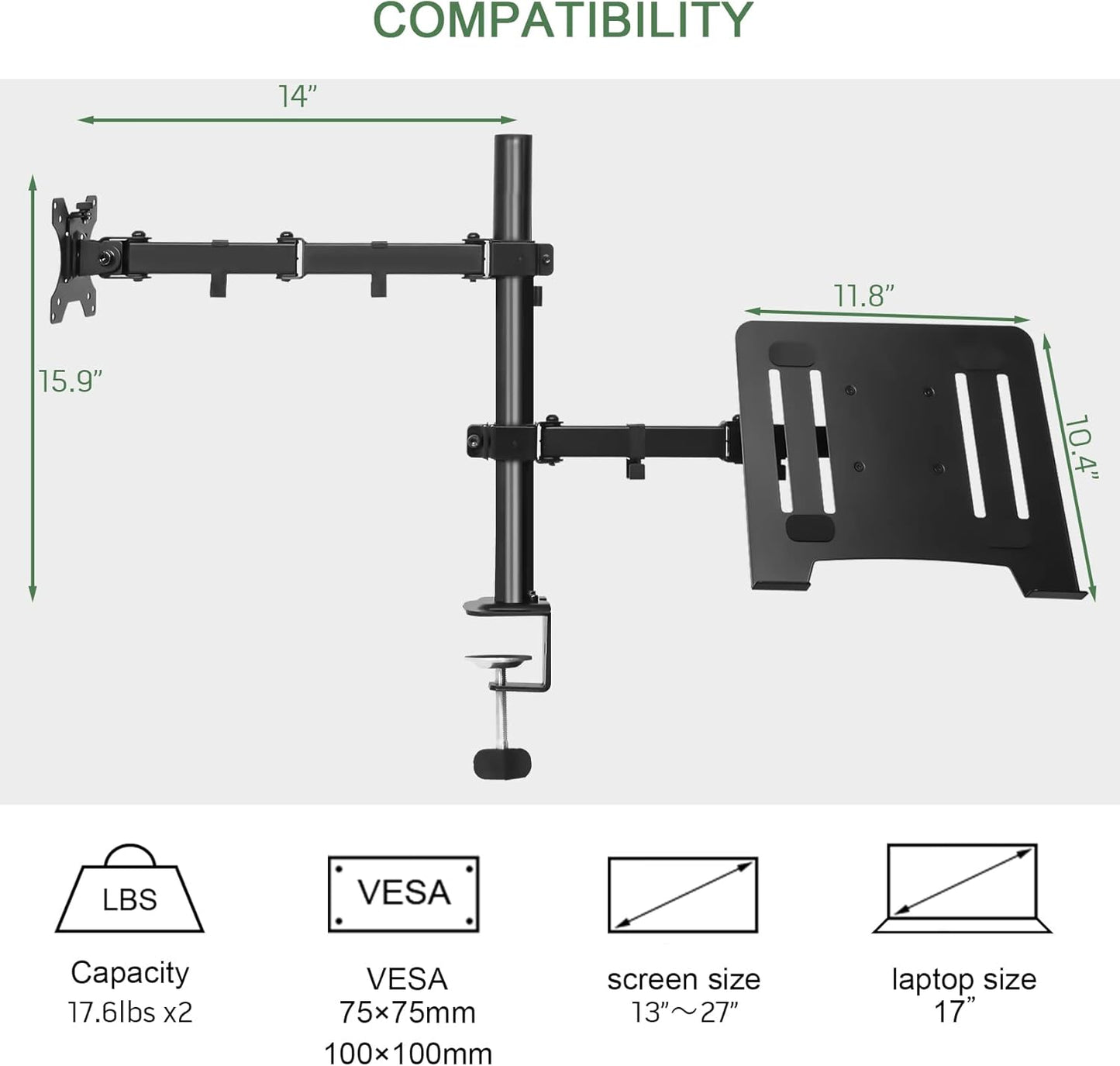 Monitor and Laptop Mount for 13"-27" Screens and Notebook up to 17 inch | Monitor Arm with Vented Tray, Fully Adjustable Laptop Mount Stand Holds up to 17.6lbs, VESA 75/100mm