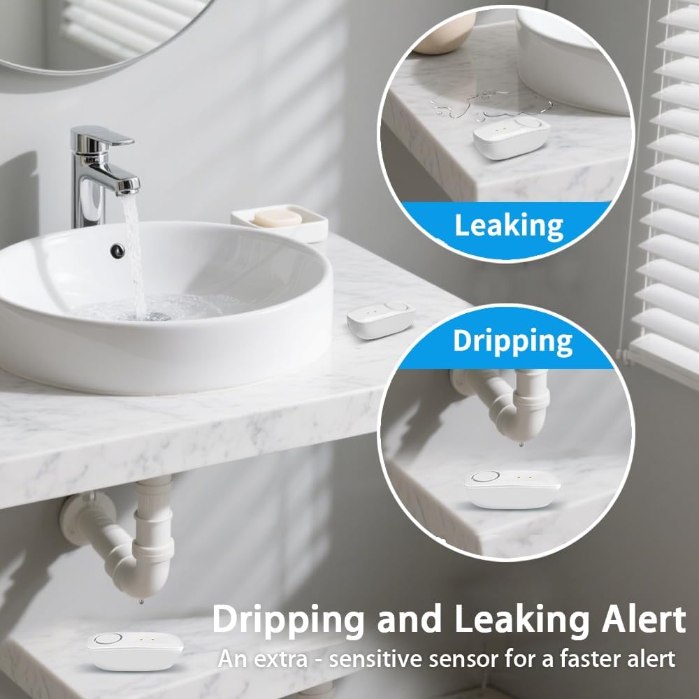 Ultra-Long Range Water Leak Detectors (3-Pack), 2000ft/600m Ultra-Long Range Water Alarm & Leak Detector, 110dB Siren & Instant App Alerts, Suitable for Home, Basement, Kitchen