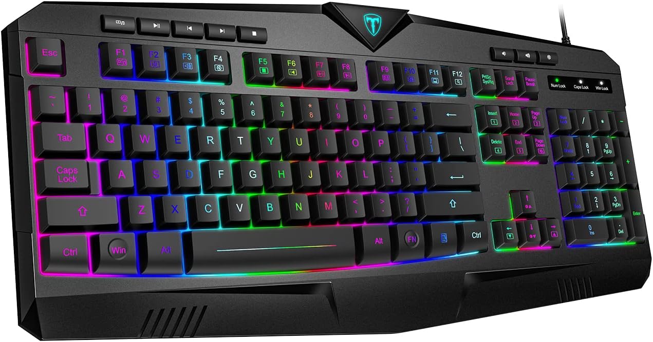 Gaming Keyboard, Full Size RGB Backlit Quiet Computer Keyboard, Wrist Rest, Silent Keys, Multimedia Keys, Anti-ghosting, Waterproof Light Up USB Wired Keyboard for PC Mac Xbox Gamer Office