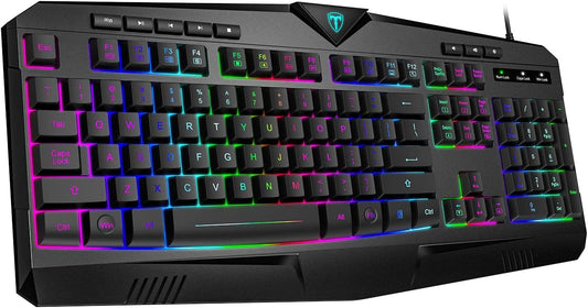 Gaming Keyboard, Full Size RGB Backlit Quiet Computer Keyboard, Wrist Rest, Silent Keys, Multimedia Keys, Anti-ghosting, Waterproof Light Up USB Wired Keyboard for PC Mac Xbox Gamer Office