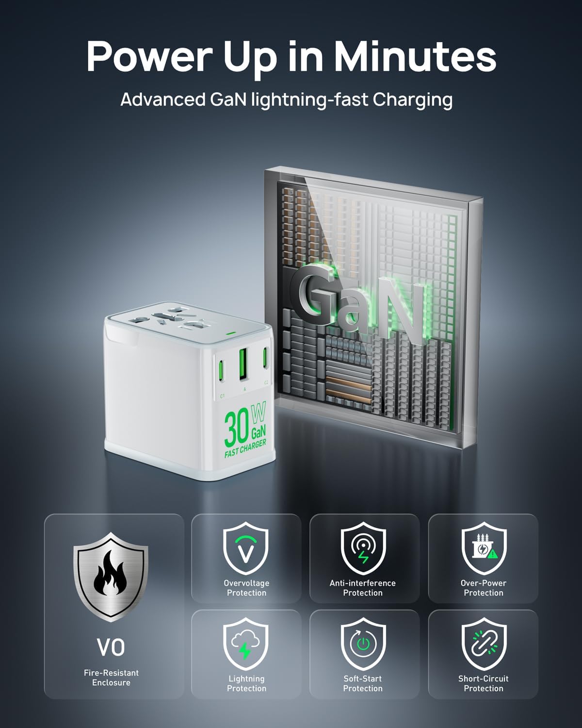 Travel Adapter, 30W GaN Fast Charging European Plug Adapter Worldwide Universal Charger with 4 Ports 1 AC, 1 USB-A, and 2 USB-C Ports Plug Adapter for USA European UK AUS Japan, White