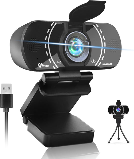 Akyta Webcam for PC, 1080P Webcam with Microphone/Tripod/Privacy Cover/Wide Angle 110°, Plug & Play USB Web Camera for Desktop Computer PC Laptop Mac Video Calling/Streaming/Zoom Conference ﻿